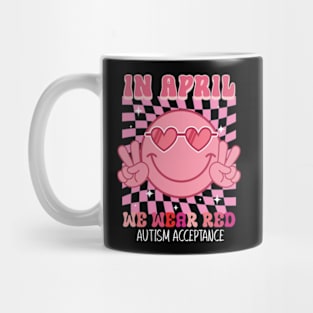 In April We Wear red Groovy autism acceptance Mug